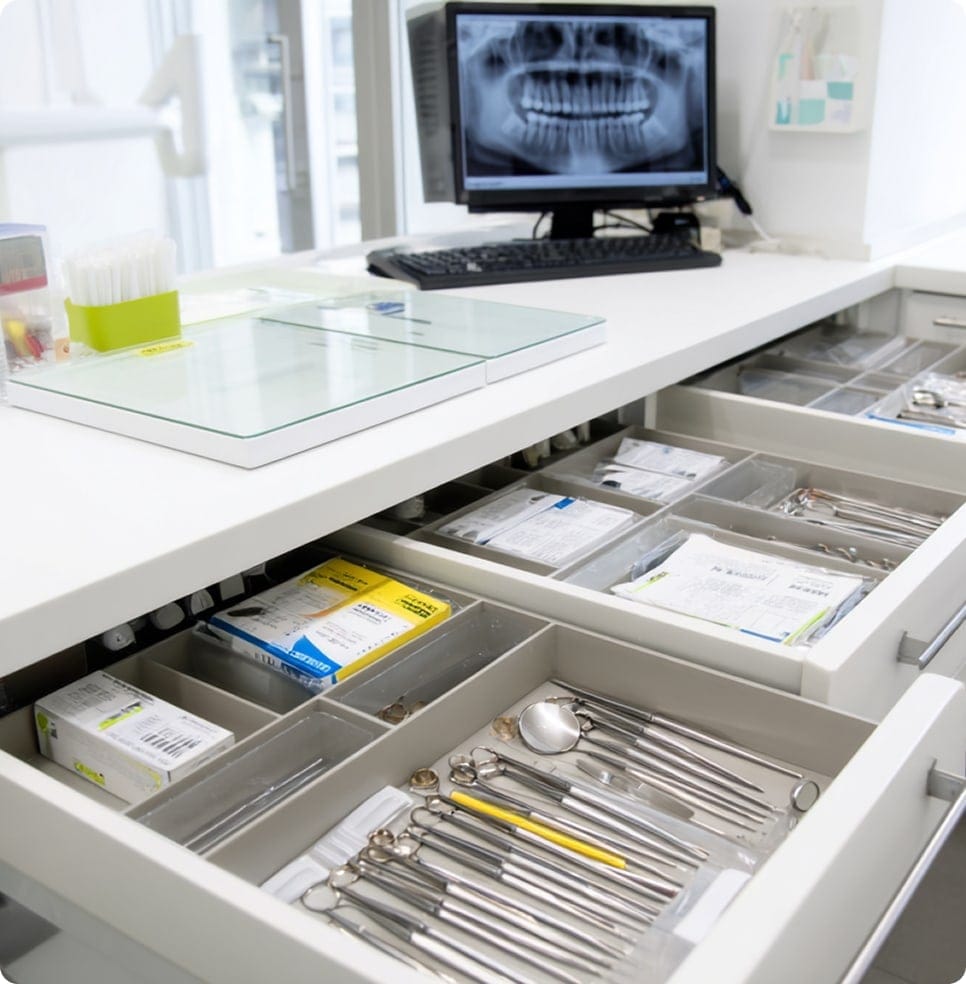 tools inside dentist's drawers