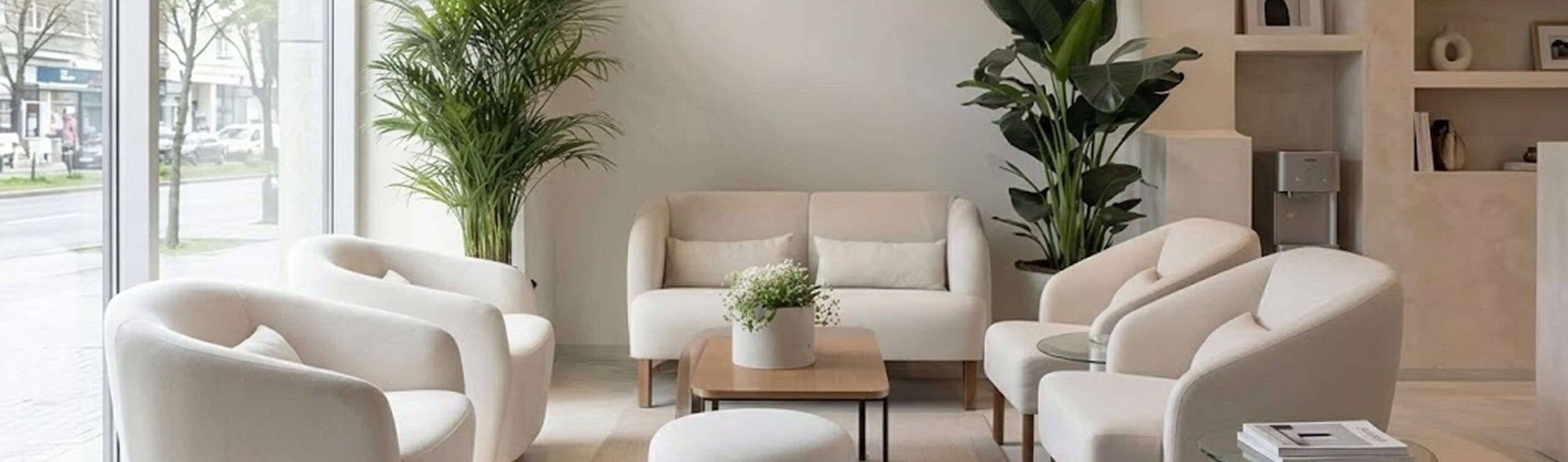 white chairs and love seat inside office